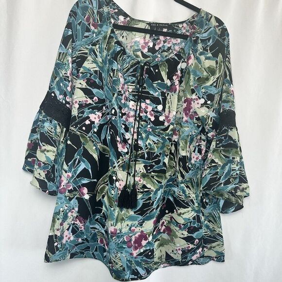 Zac & Rachel Sheer Floral Print Flared Sleeve Blouse Women's Size L Lightweight - Picture 1 of 10